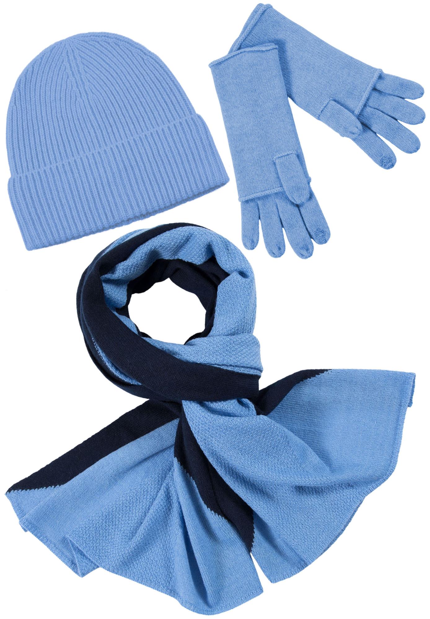 (image for) Kaschmir-Mütze, hoch, Handschuh + Schal mit geometrischem Muster - Himmelblau Kaufen